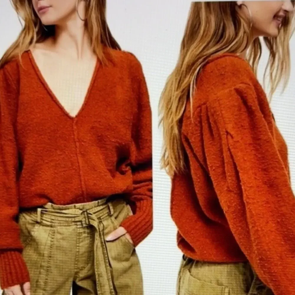 Free People Sweater Womens XS/TP Reverie Burnt Butter V Neck Ballon Sleeve